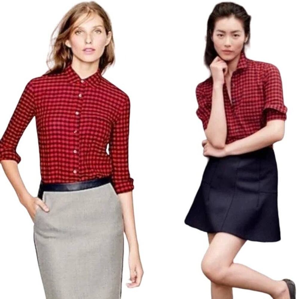 J. Crew Women's Crinkle Boy Shirt in Red Check SZ 00‎